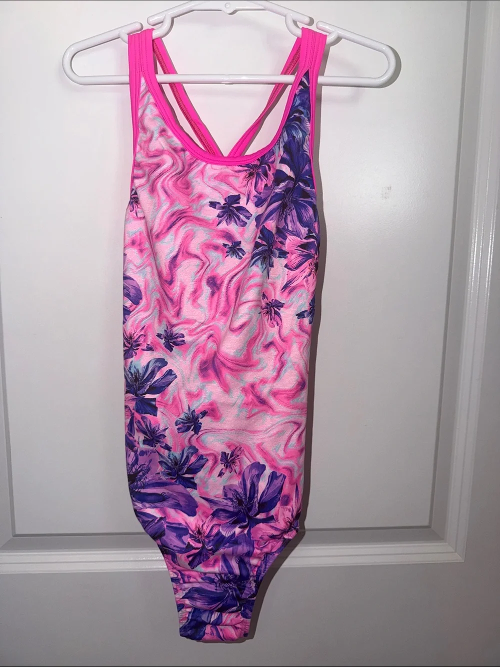 Girls' Pink & Purple Floral Print One-Piece Swimsuit
